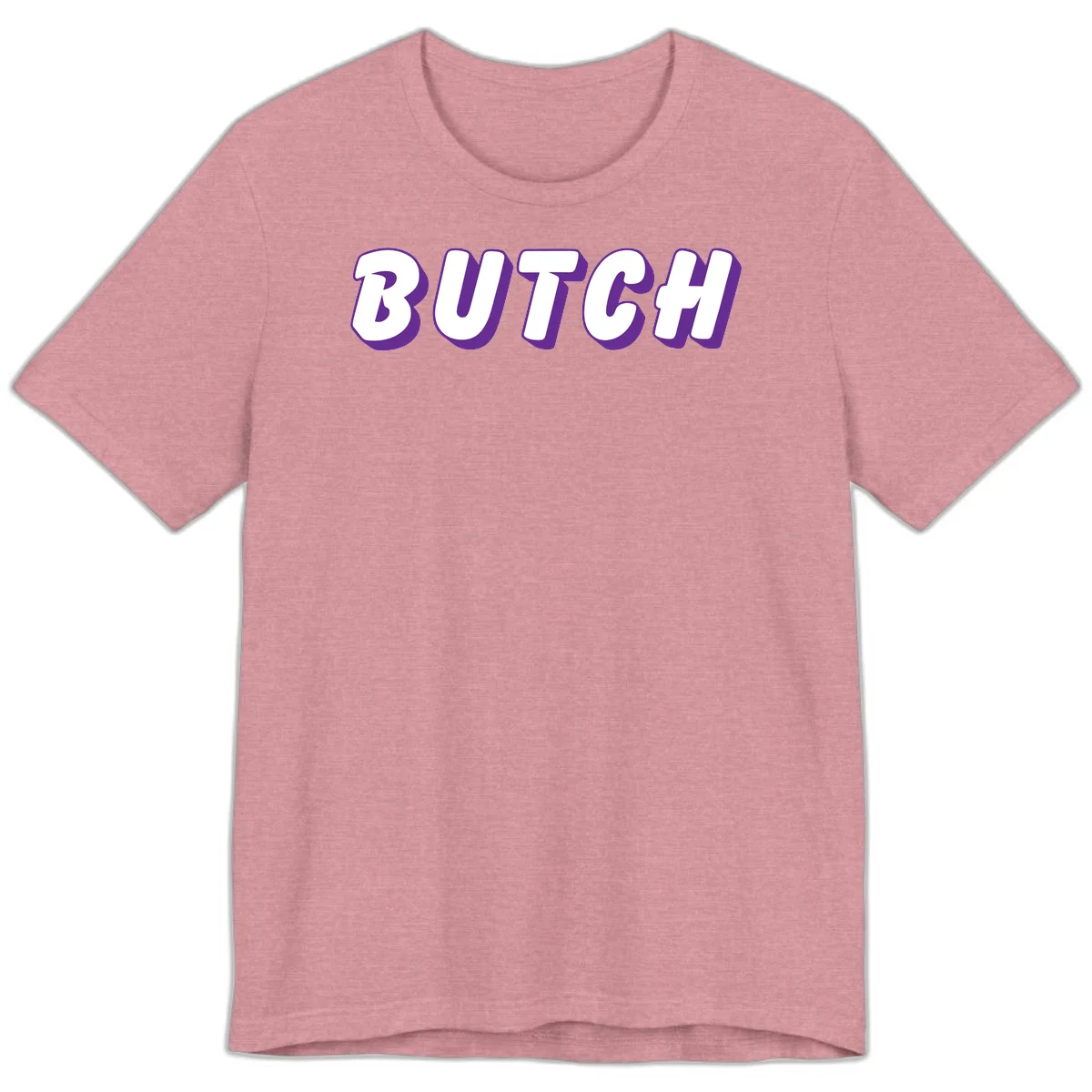 Bold purple and white 3D block letters spelling 'BUTCH' with shadow effect on gray background in Heather Orchid