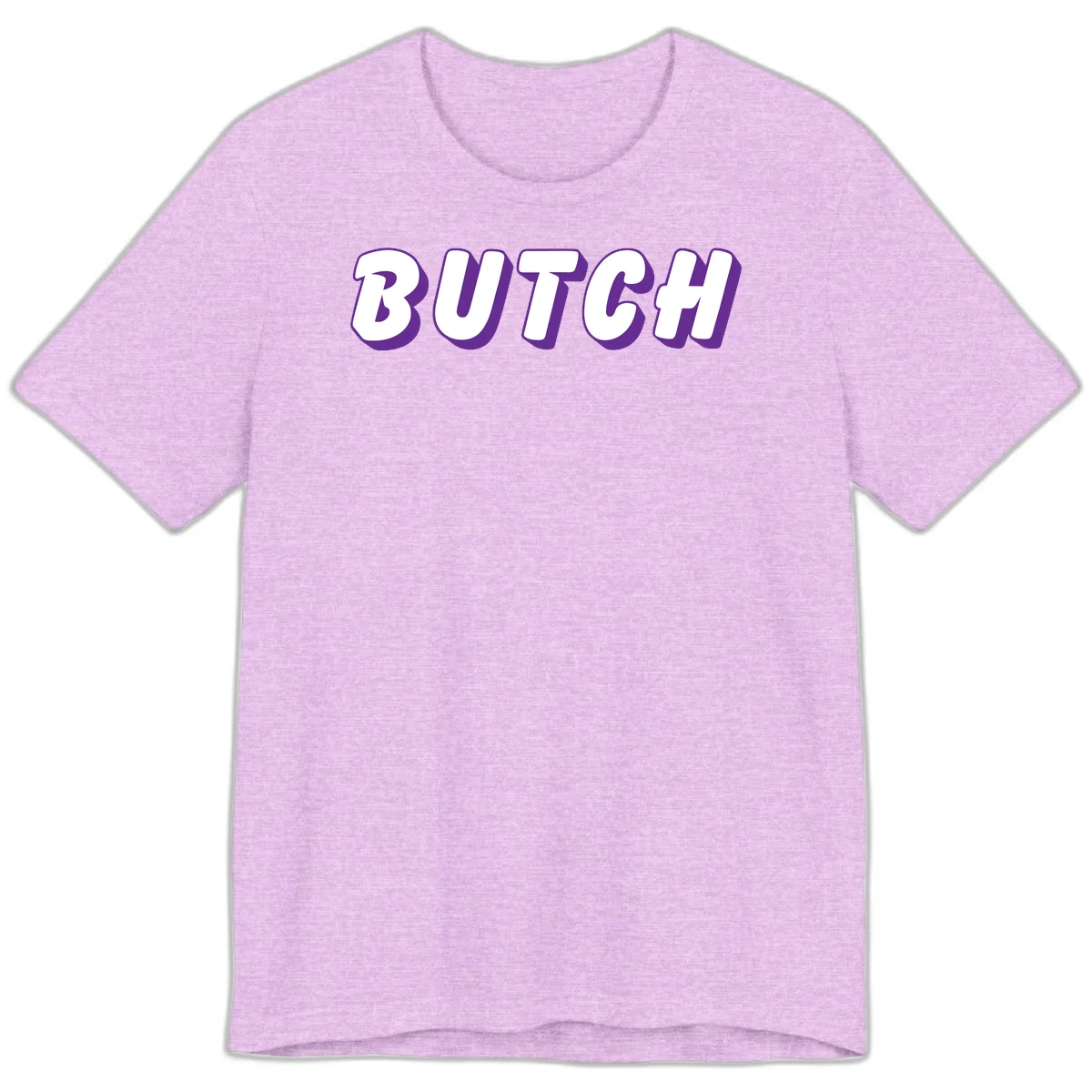 Bold purple and white 3D block letters spelling 'BUTCH' with shadow effect on gray background in Heather Prism Lilac