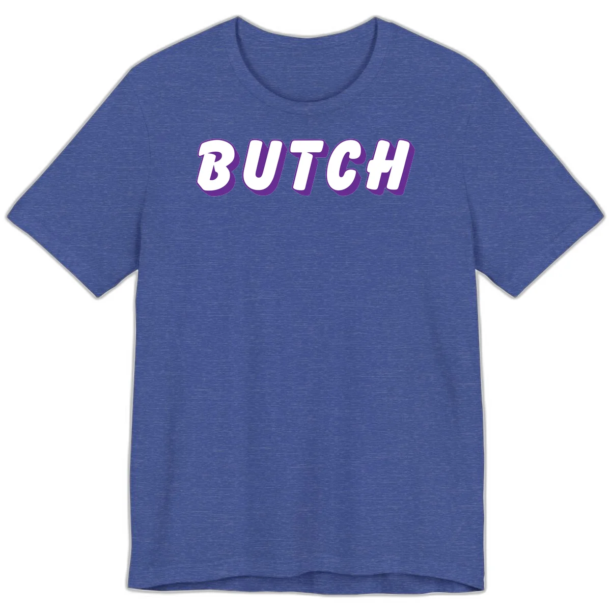 Bold purple and white 3D block letters spelling 'BUTCH' with shadow effect on gray background in Heather True Royal