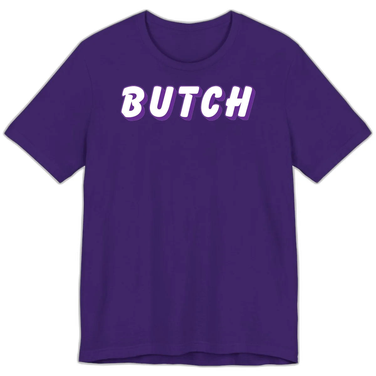 Bold purple and white 3D block letters spelling 'BUTCH' with shadow effect on gray background in Team Purple