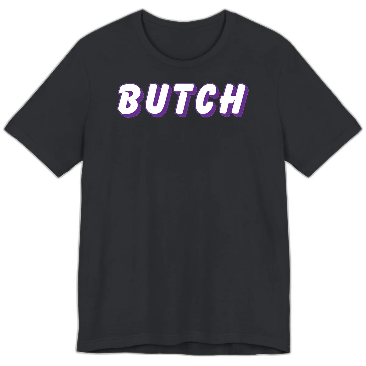 Bold purple and white 3D block letters spelling 'BUTCH' with shadow effect on gray background in Vintage Black