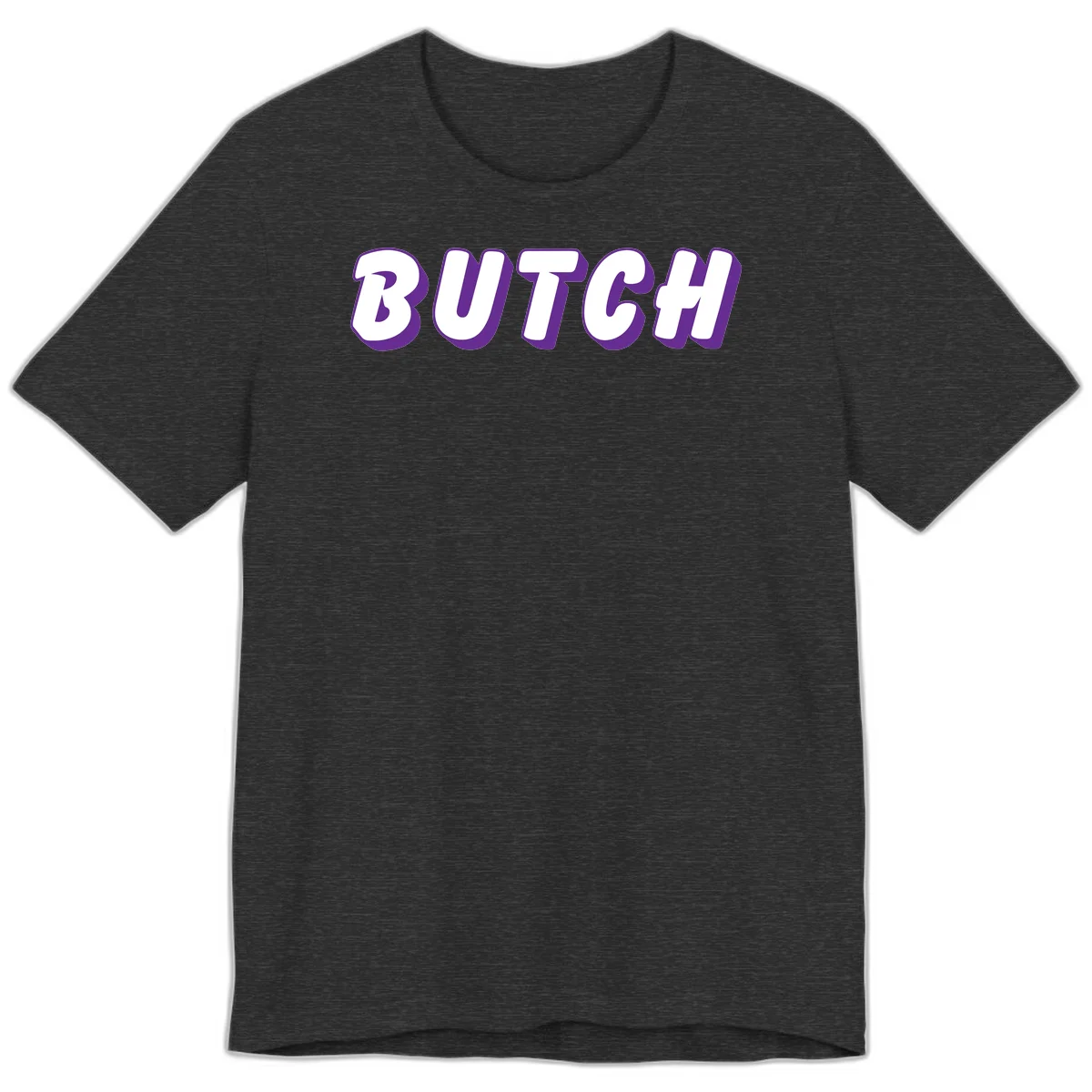 Bold purple and white 3D block letters spelling 'BUTCH' with shadow effect on gray background in Dark Grey Heather