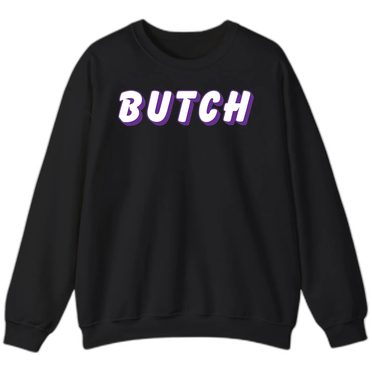 Bold purple and white 3D block letters spelling 'BUTCH' with shadow effect on gray background in Black