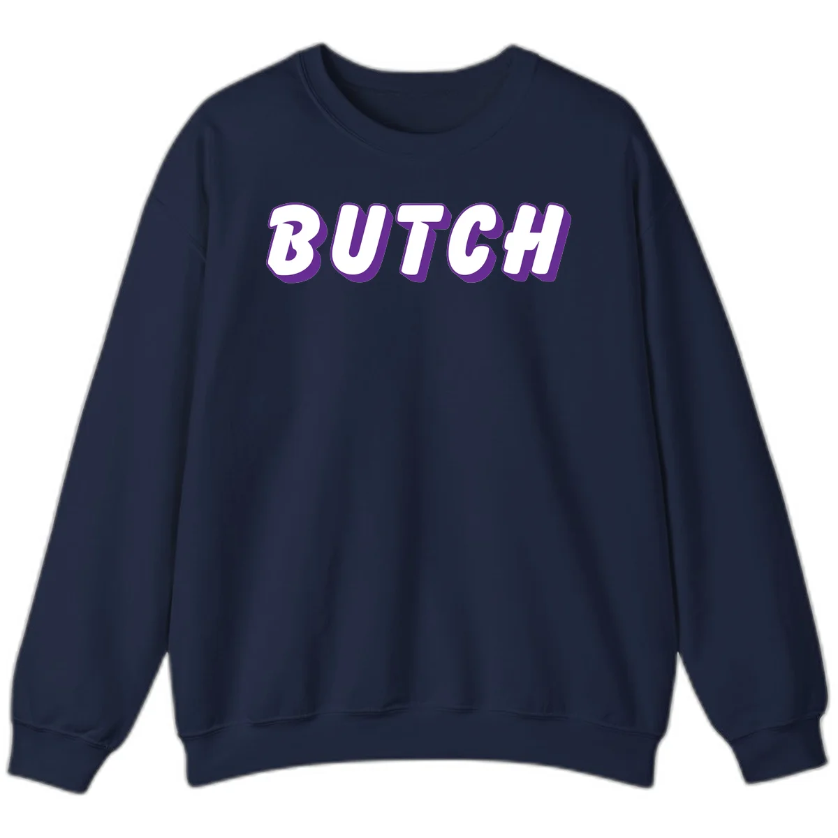 Bold purple and white 3D block letters spelling 'BUTCH' with shadow effect on gray background in Navy