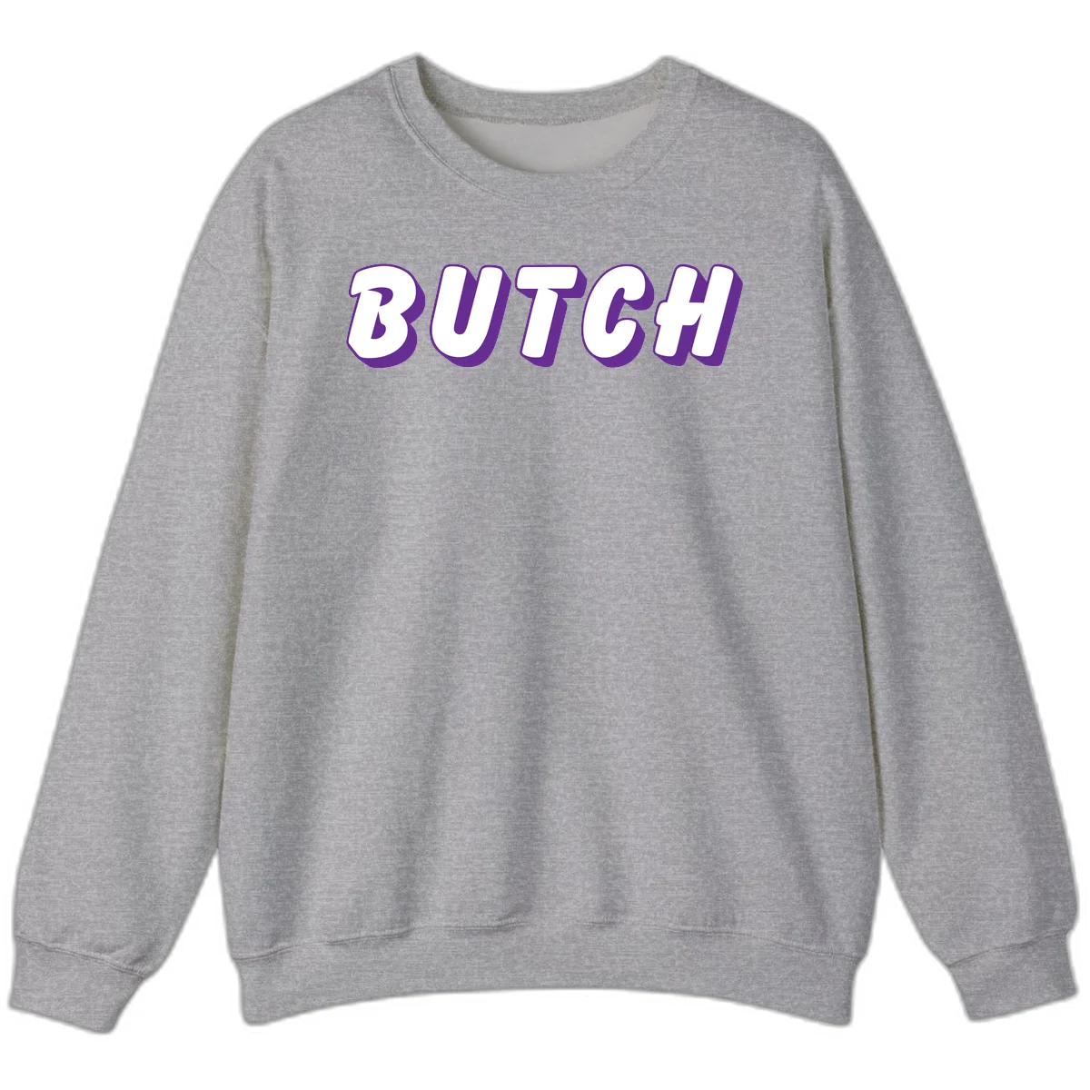 Bold purple and white 3D block letters spelling 'BUTCH' with shadow effect on gray background in Sport Grey
