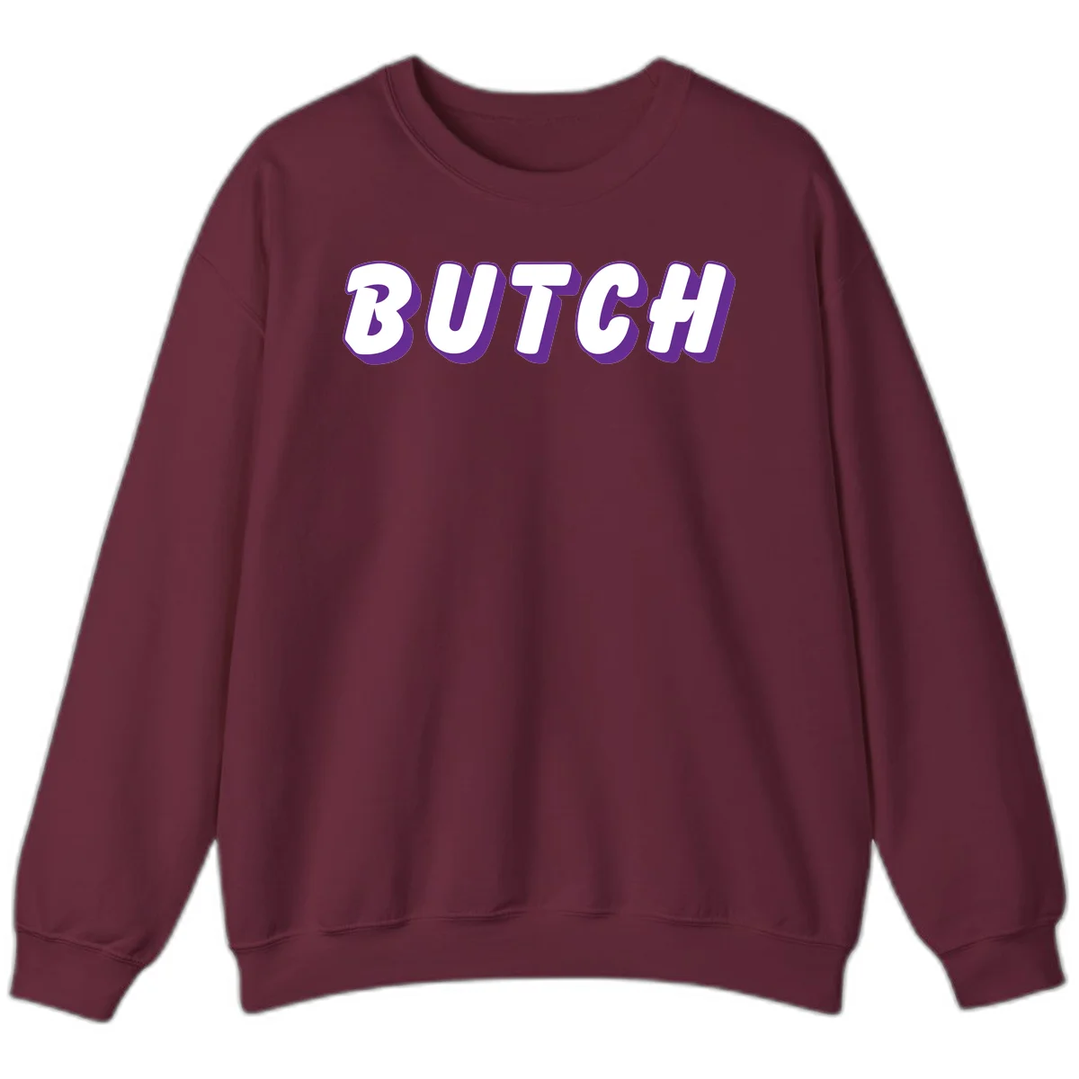 Bold purple and white 3D block letters spelling 'BUTCH' with shadow effect on gray background in Maroon