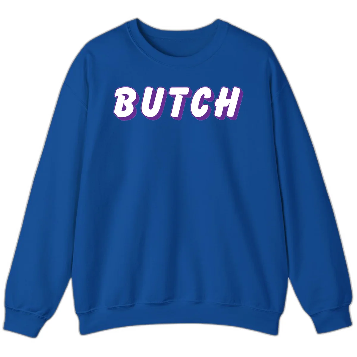 Bold purple and white 3D block letters spelling 'BUTCH' with shadow effect on gray background in Royal