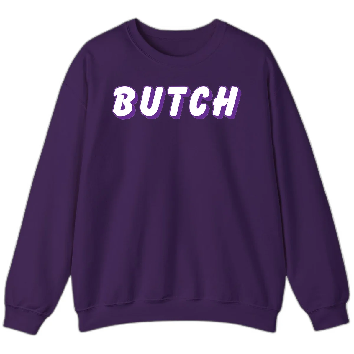 Bold purple and white 3D block letters spelling 'BUTCH' with shadow effect on gray background in Purple