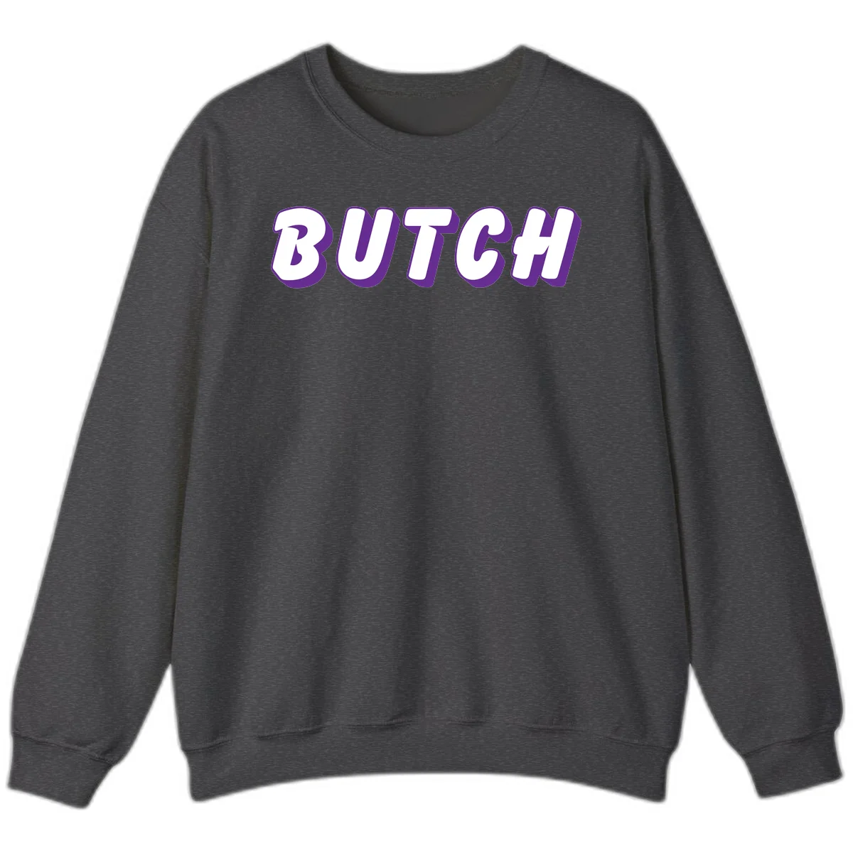 Bold purple and white 3D block letters spelling 'BUTCH' with shadow effect on gray background in Dark Heather