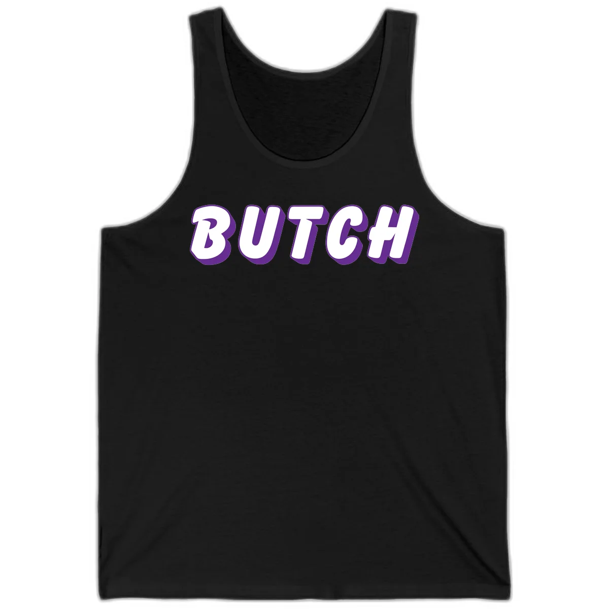 Bold purple and white 3D block letters spelling 'BUTCH' with shadow effect on gray background in Black