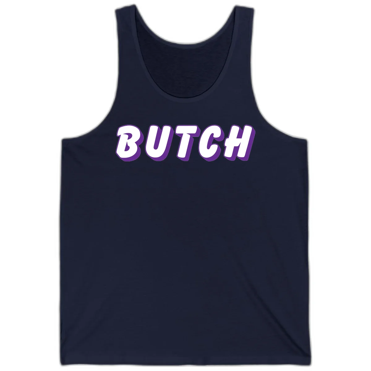 Bold purple and white 3D block letters spelling 'BUTCH' with shadow effect on gray background in Navy