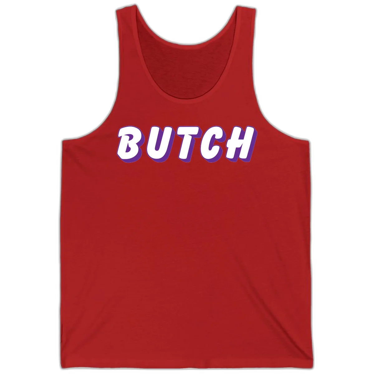 Bold purple and white 3D block letters spelling 'BUTCH' with shadow effect on gray background in Red