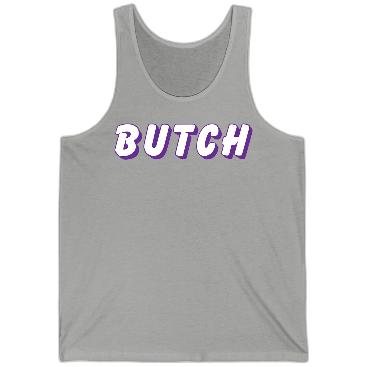 Bold purple and white 3D block letters spelling 'BUTCH' with shadow effect on gray background in Athletic Heather