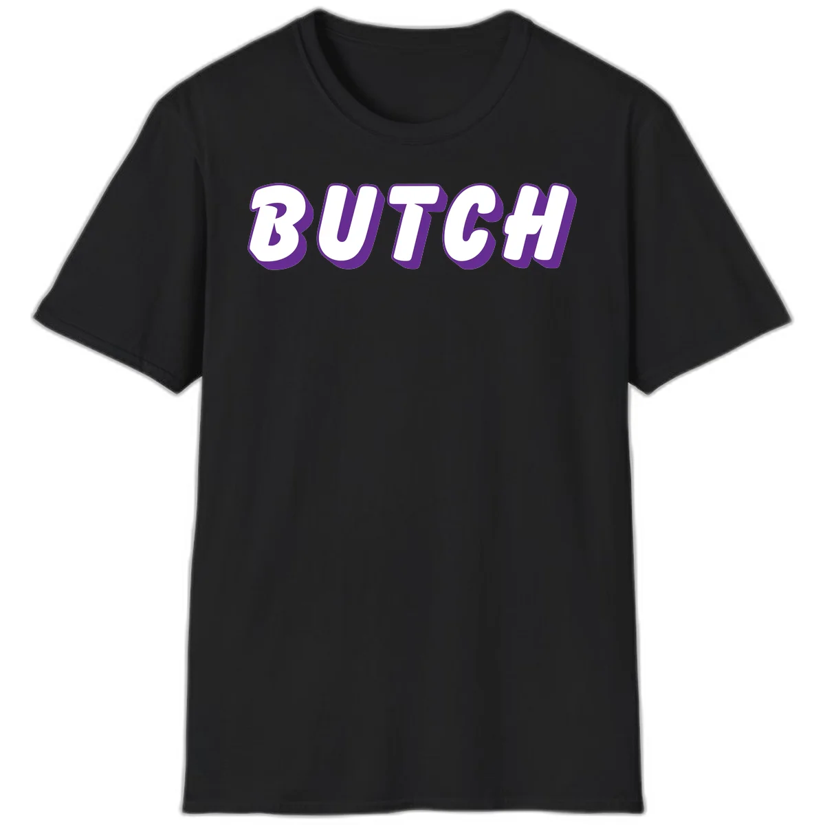 Bold purple and white 3D block letters spelling 'BUTCH' with shadow effect on gray background in Black