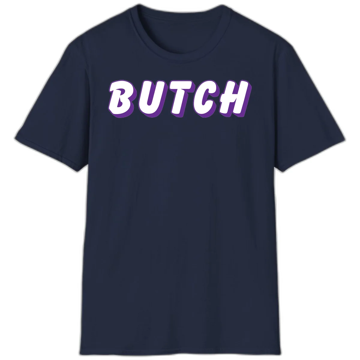 Bold purple and white 3D block letters spelling 'BUTCH' with shadow effect on gray background in Navy
