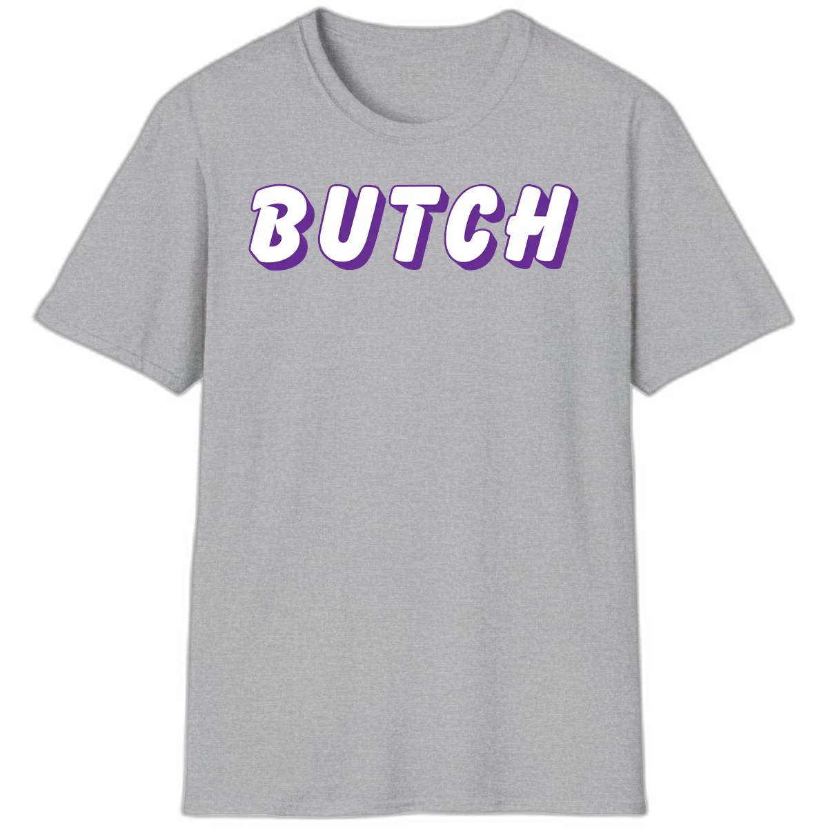 Bold purple and white 3D block letters spelling 'BUTCH' with shadow effect on gray background in Sport Grey
