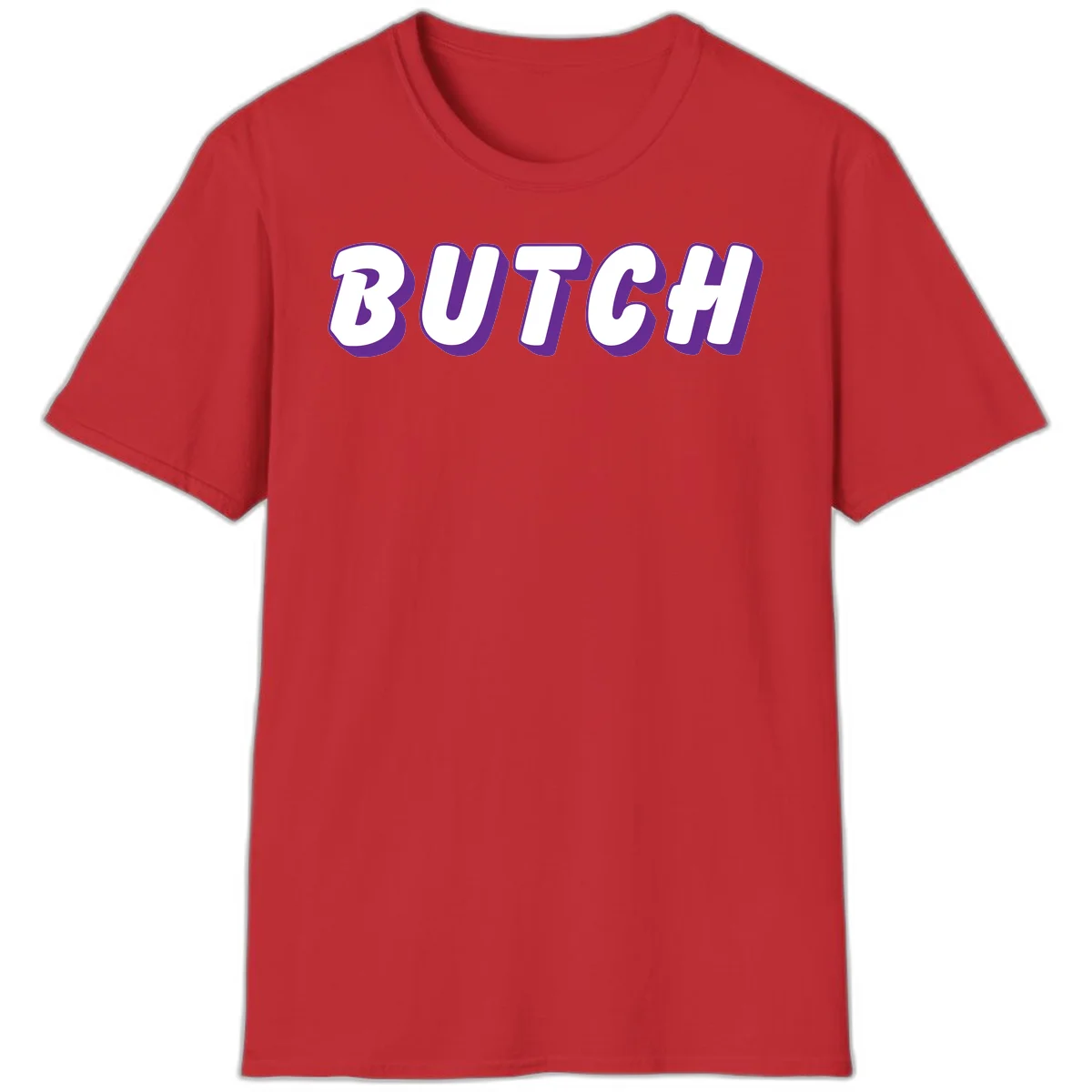 Bold purple and white 3D block letters spelling 'BUTCH' with shadow effect on gray background in Red
