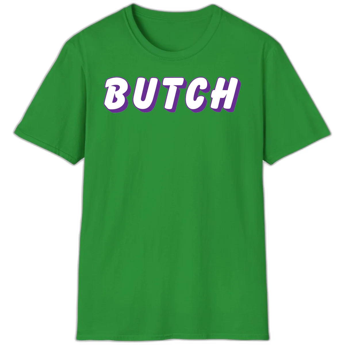 Bold purple and white 3D block letters spelling 'BUTCH' with shadow effect on gray background in Irish Green