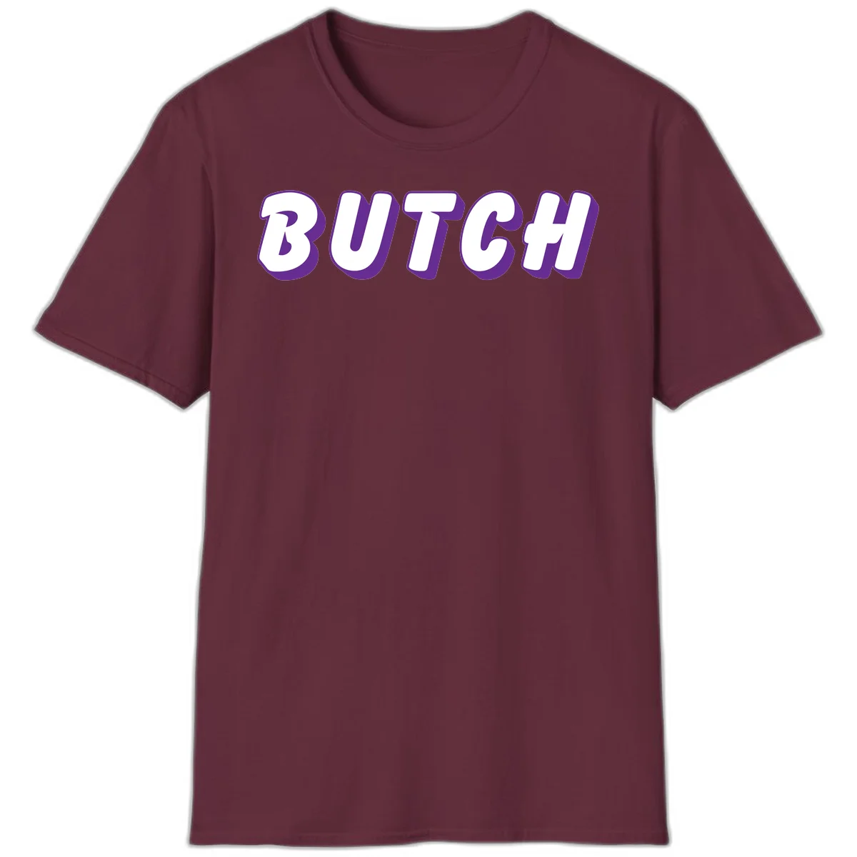 Bold purple and white 3D block letters spelling 'BUTCH' with shadow effect on gray background in Maroon