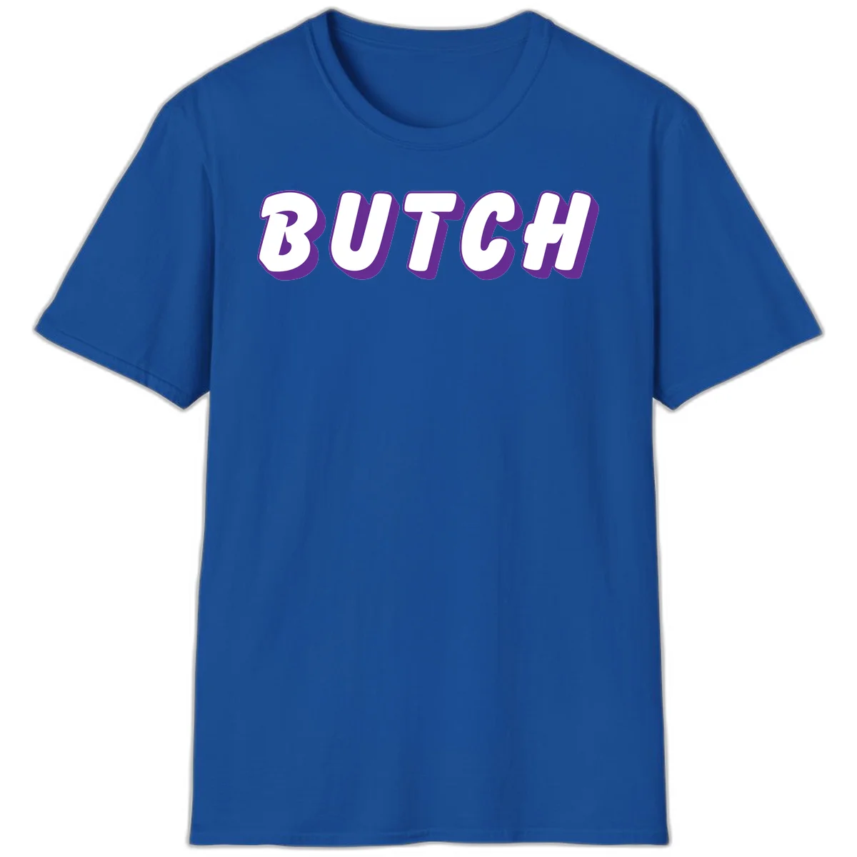 Bold purple and white 3D block letters spelling 'BUTCH' with shadow effect on gray background in Royal