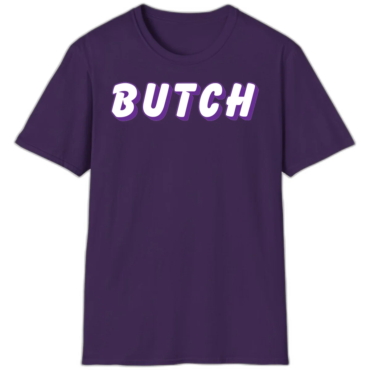 Bold purple and white 3D block letters spelling 'BUTCH' with shadow effect on gray background in Purple