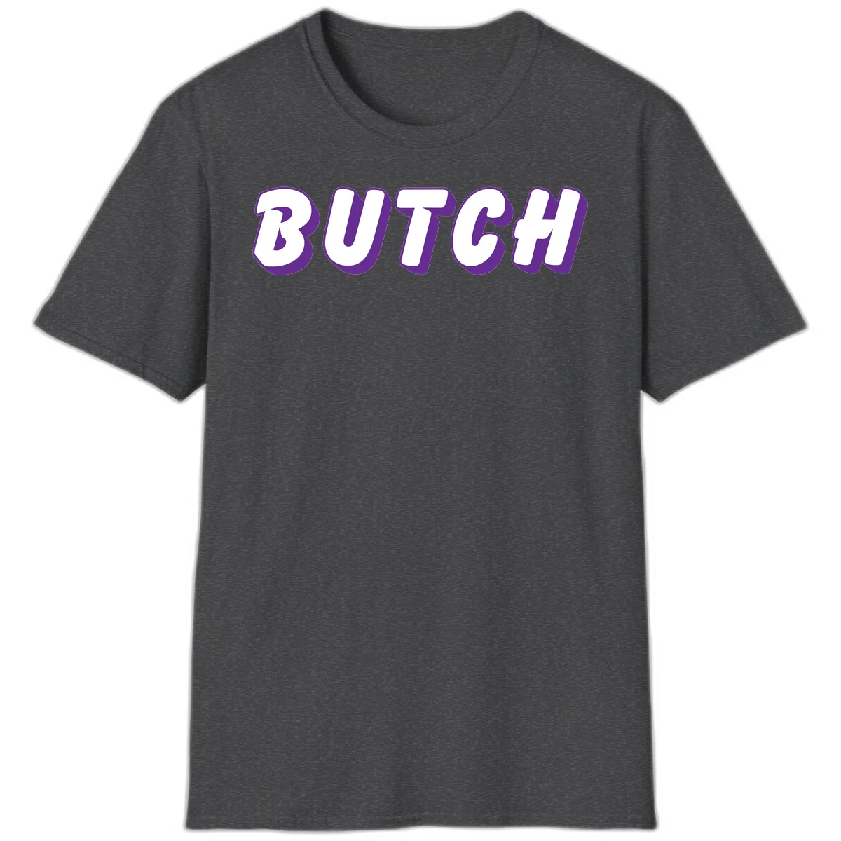 Bold purple and white 3D block letters spelling 'BUTCH' with shadow effect on gray background in Dark Heather