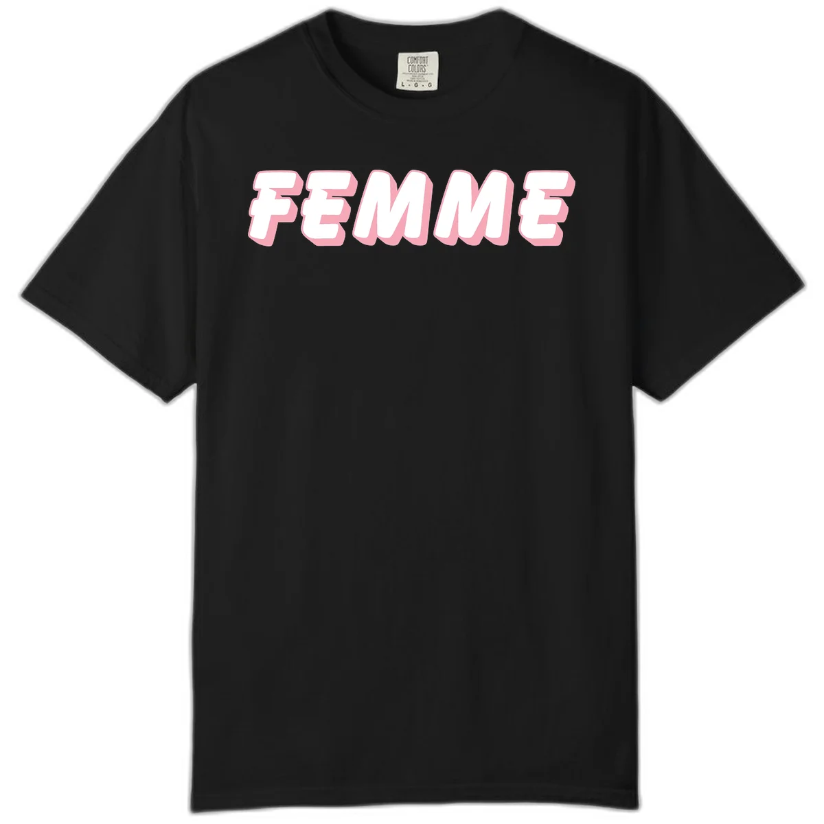 Bold 3D lettering spelling FEMME in white with pink dimensional shadowing on gray background in Black