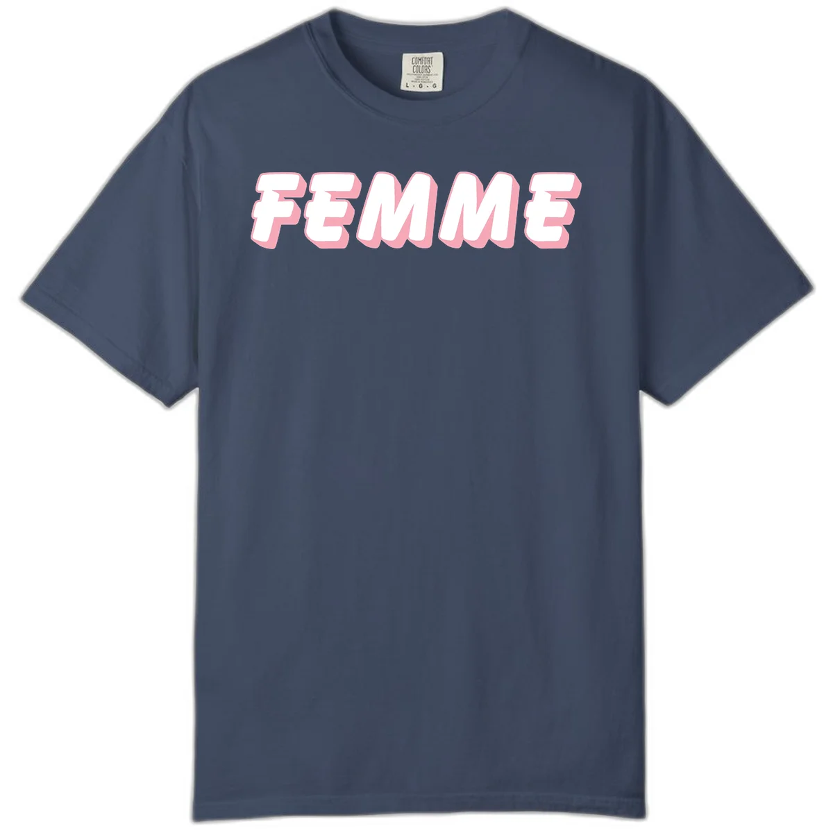 Bold 3D lettering spelling FEMME in white with pink dimensional shadowing on gray background in Midnight