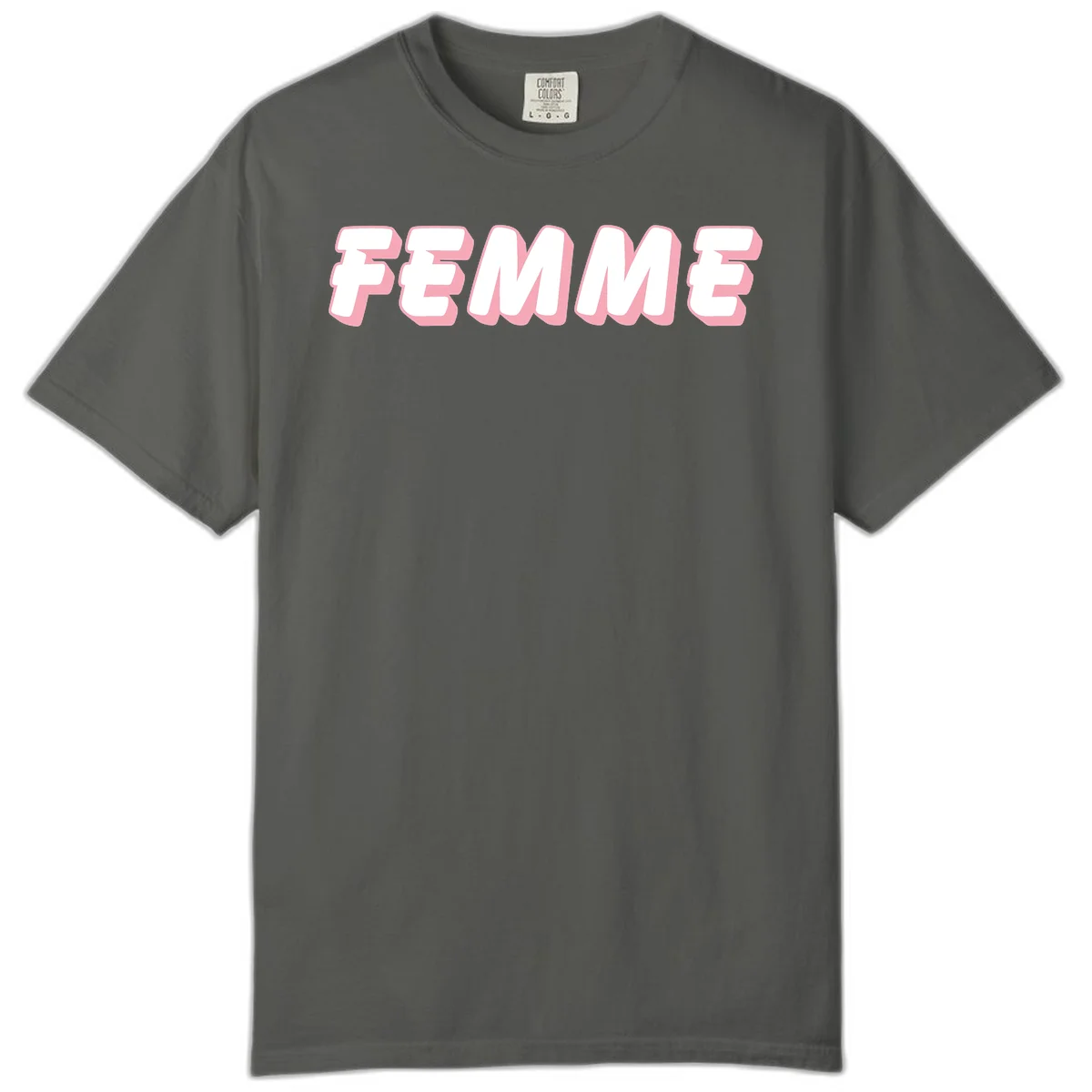 Bold 3D lettering spelling FEMME in white with pink dimensional shadowing on gray background in Pepper