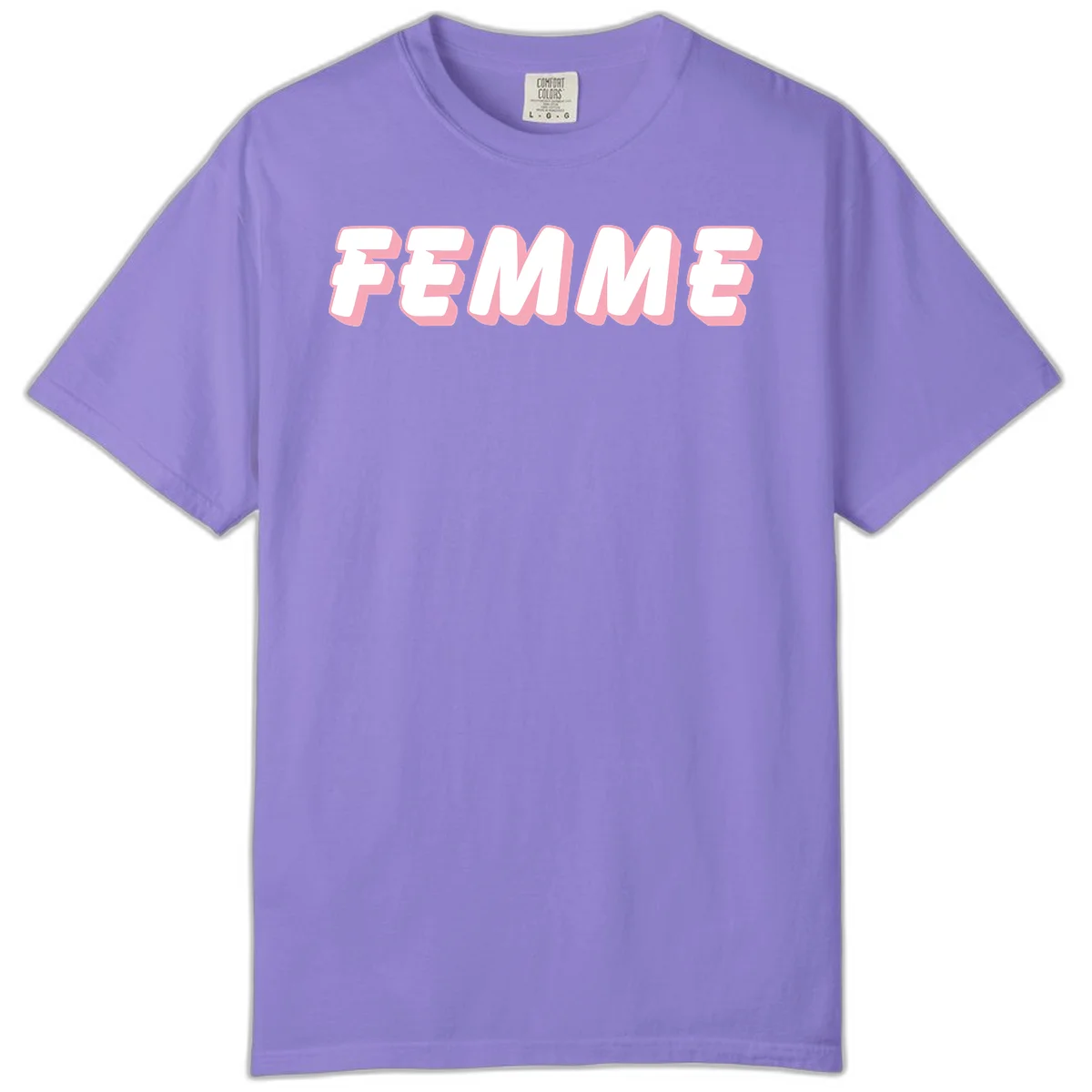 Bold 3D lettering spelling FEMME in white with pink dimensional shadowing on gray background in Violet