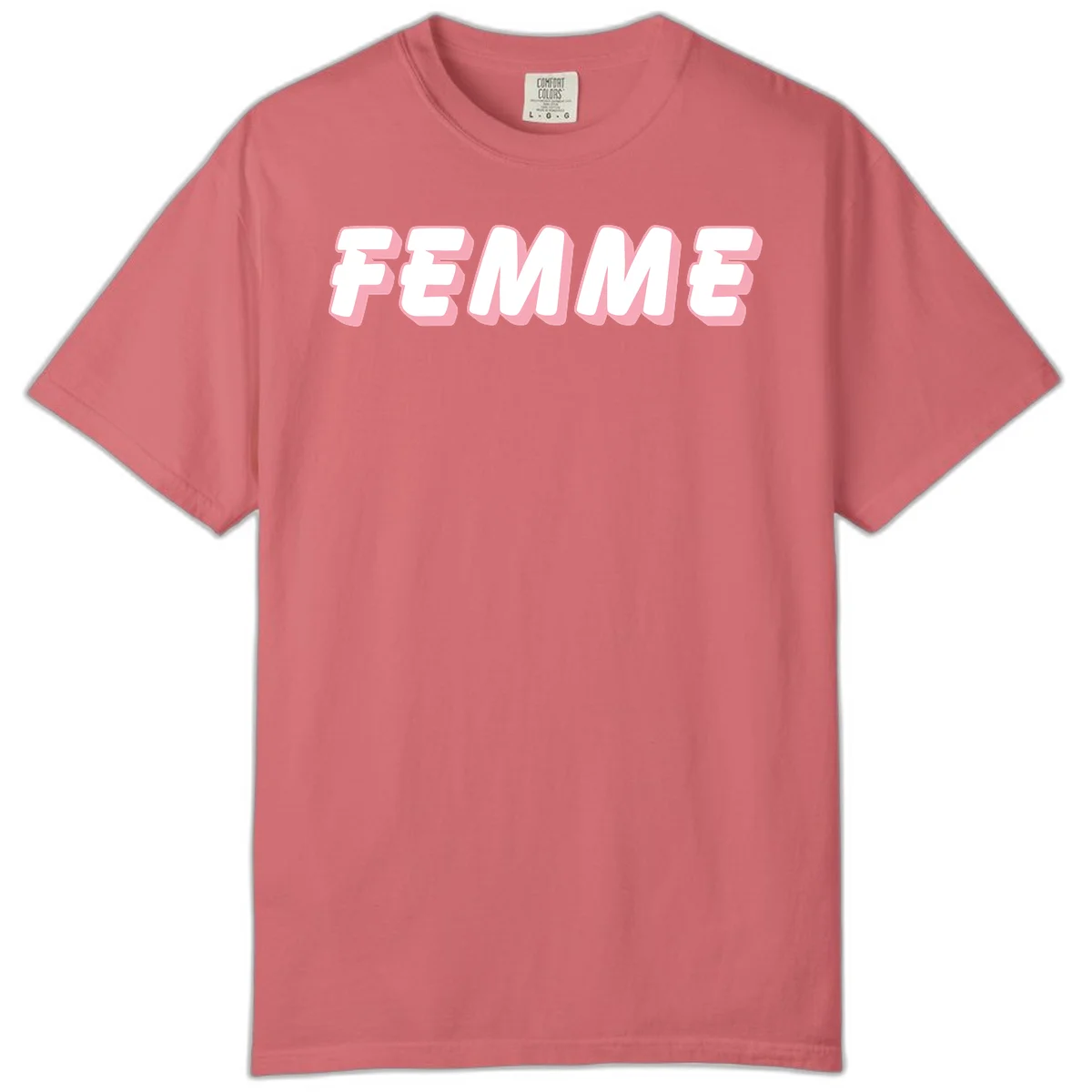 Bold 3D lettering spelling FEMME in white with pink dimensional shadowing on gray background in Watermelon