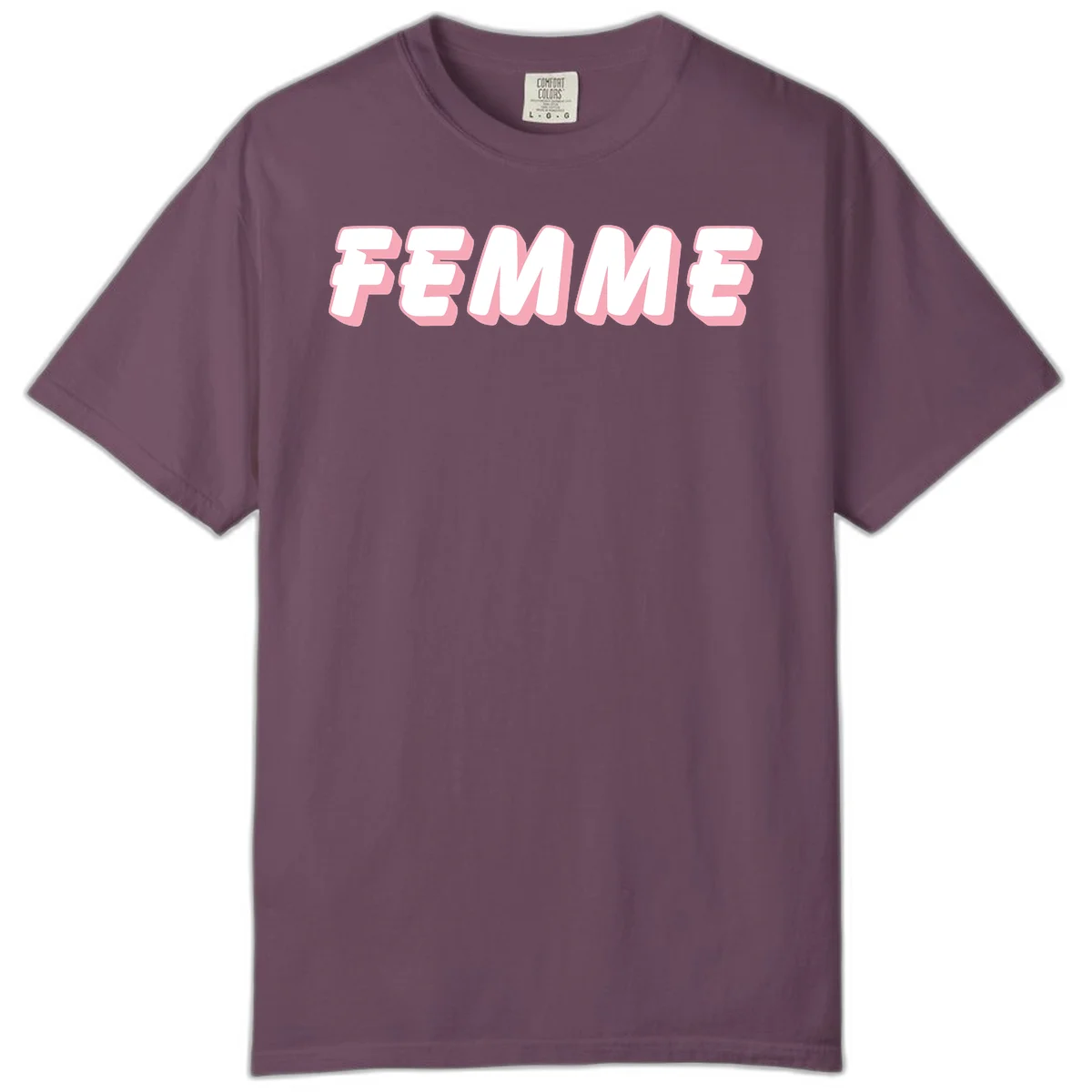 Bold 3D lettering spelling FEMME in white with pink dimensional shadowing on gray background in Berry
