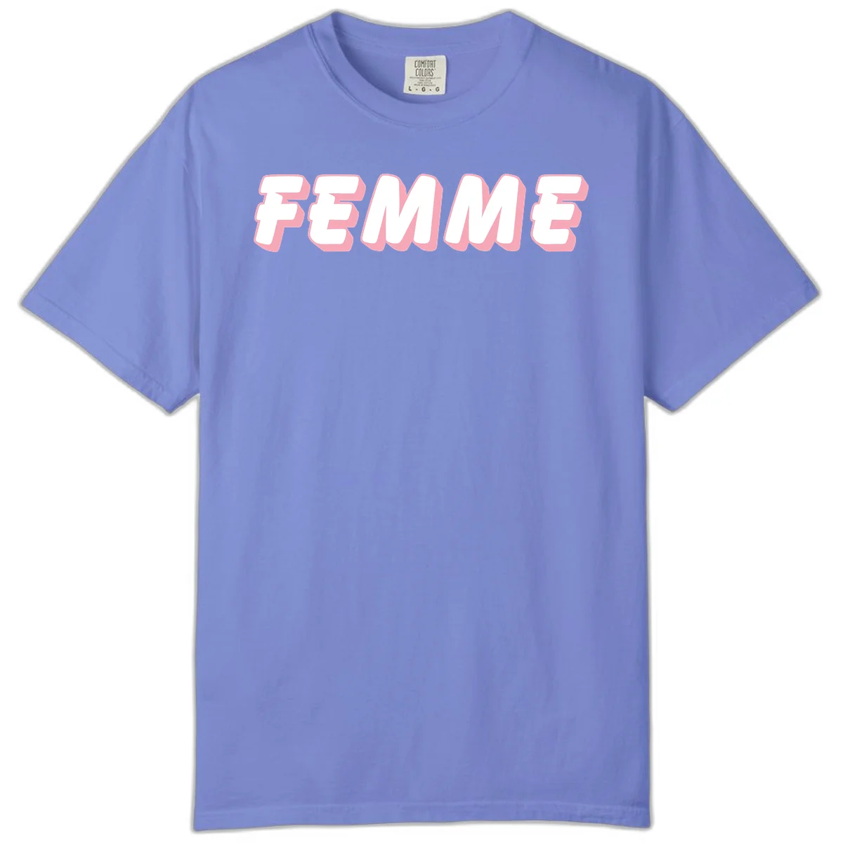 Bold 3D lettering spelling FEMME in white with pink dimensional shadowing on gray background in Flo Blue