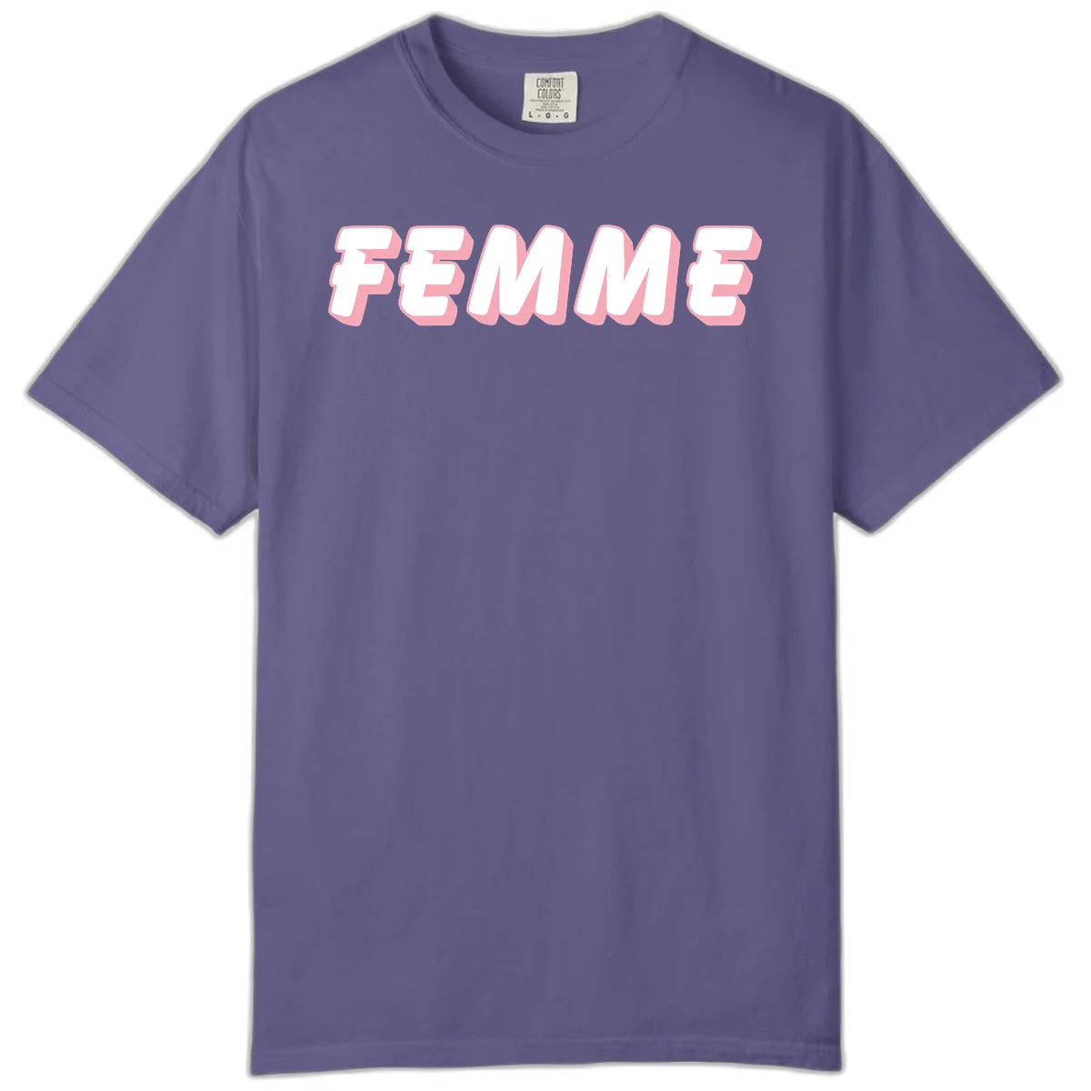 Bold 3D lettering spelling FEMME in white with pink dimensional shadowing on gray background in Grape