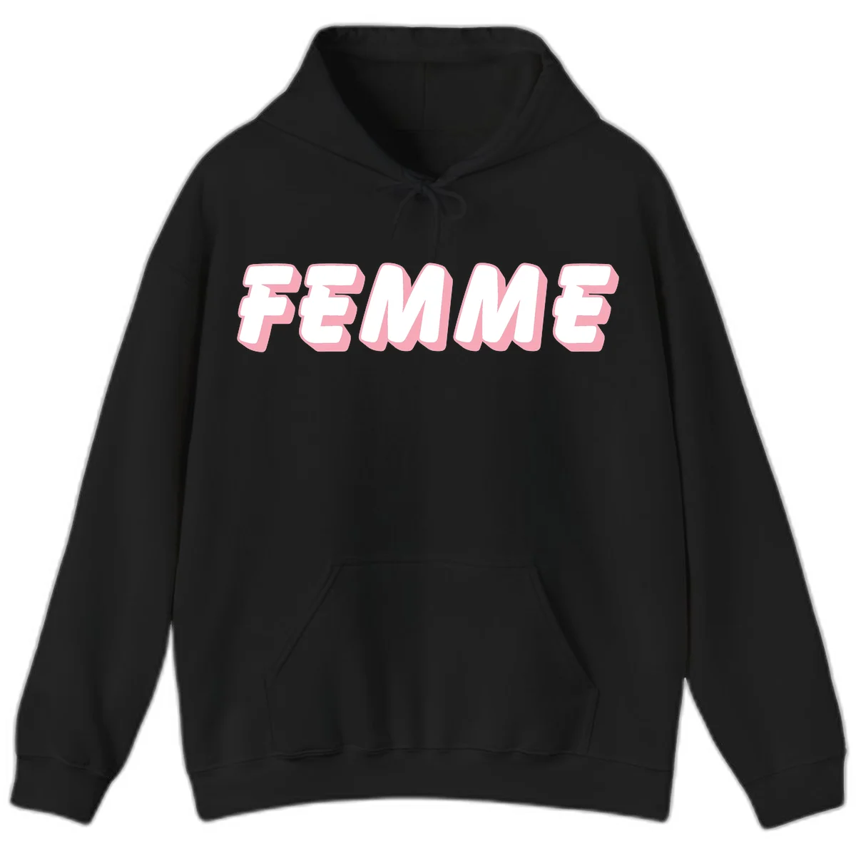 Bold 3D lettering spelling FEMME in white with pink dimensional shadowing on gray background in Black