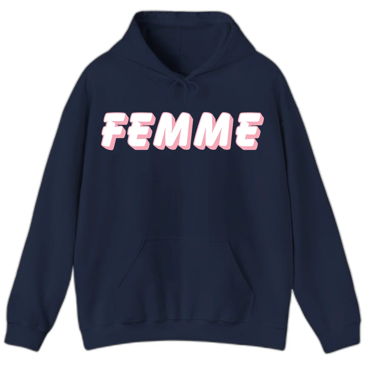 Bold 3D lettering spelling FEMME in white with pink dimensional shadowing on gray background in Navy