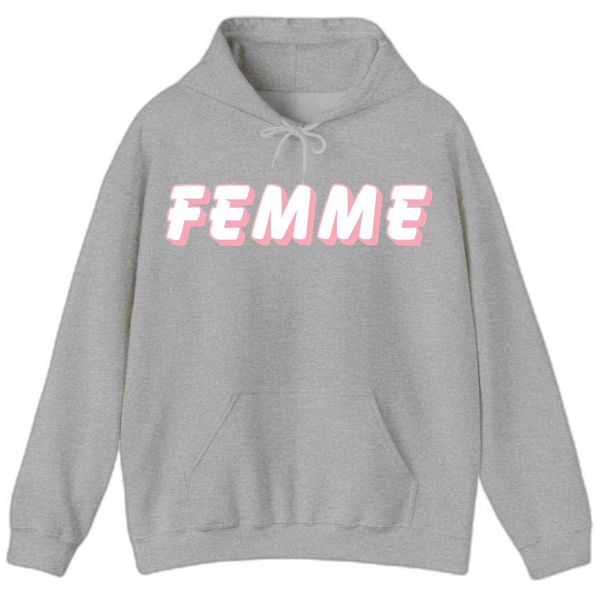 Bold 3D lettering spelling FEMME in white with pink dimensional shadowing on gray background in Sport Grey