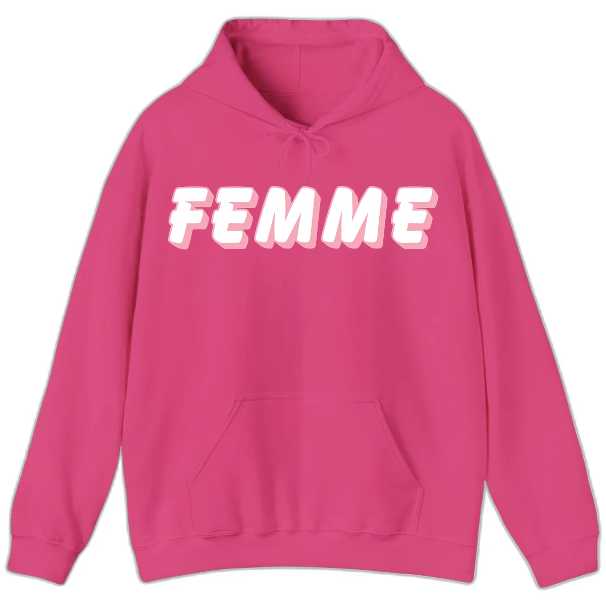 Bold 3D lettering spelling FEMME in white with pink dimensional shadowing on gray background in Heliconia