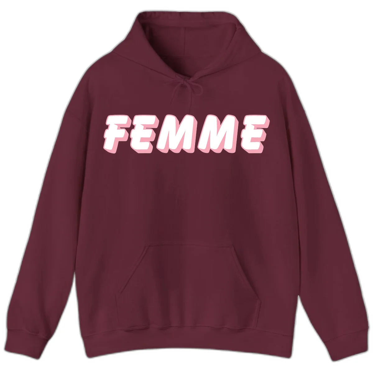 Bold 3D lettering spelling FEMME in white with pink dimensional shadowing on gray background in Maroon