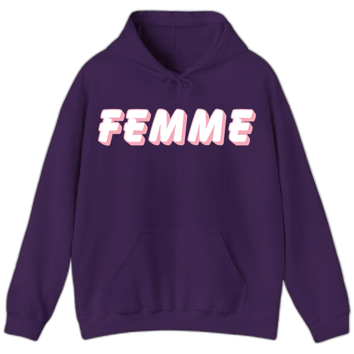 Bold 3D lettering spelling FEMME in white with pink dimensional shadowing on gray background in Purple