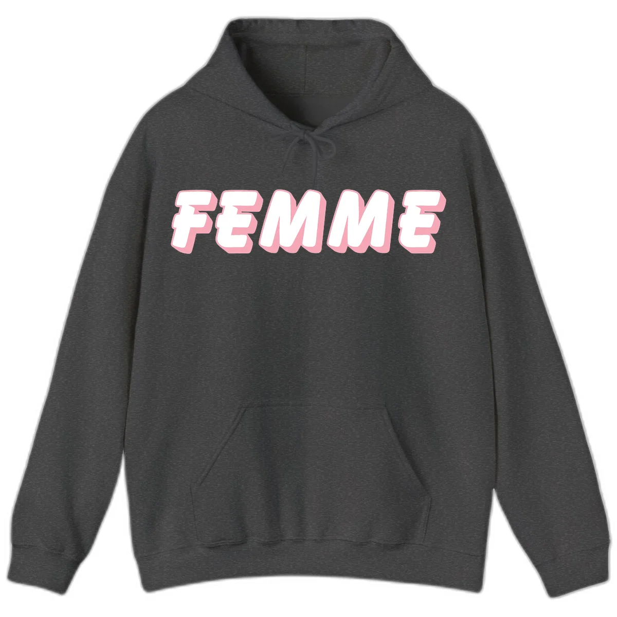Bold 3D lettering spelling FEMME in white with pink dimensional shadowing on gray background in Dark Heather