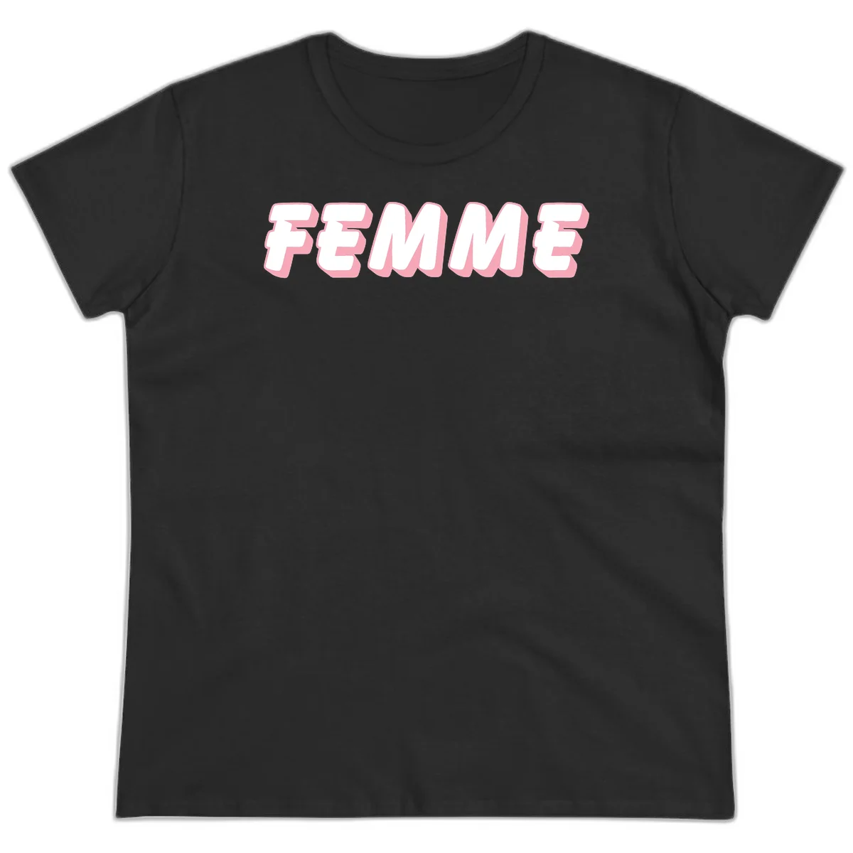 Bold 3D lettering spelling FEMME in white with pink dimensional shadowing on gray background in Black