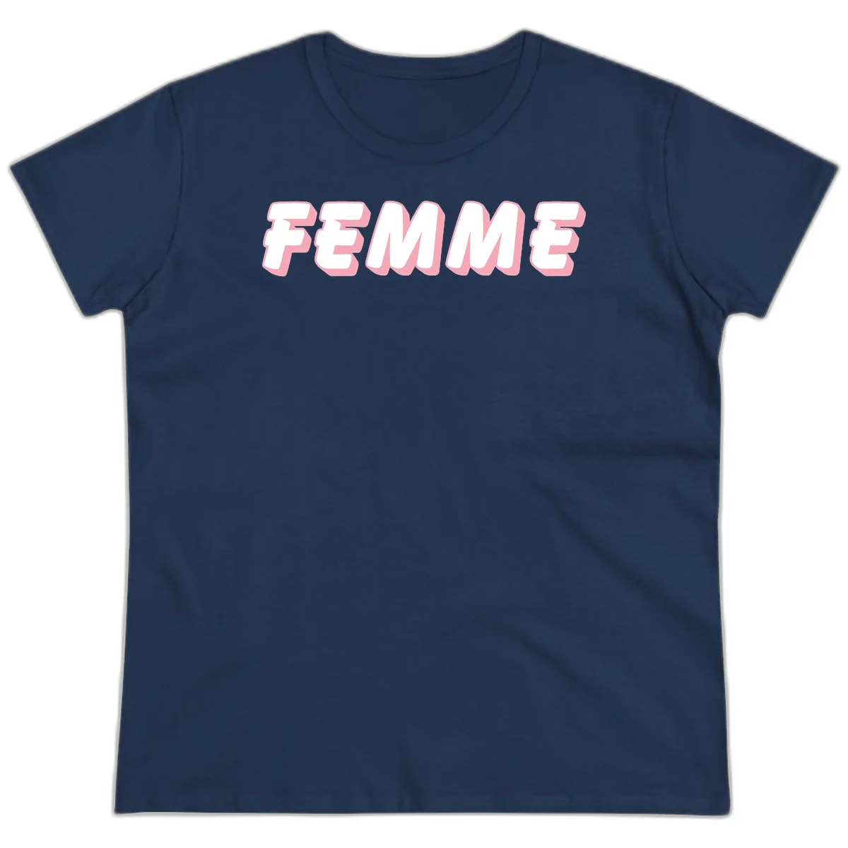 Bold 3D lettering spelling FEMME in white with pink dimensional shadowing on gray background in Navy