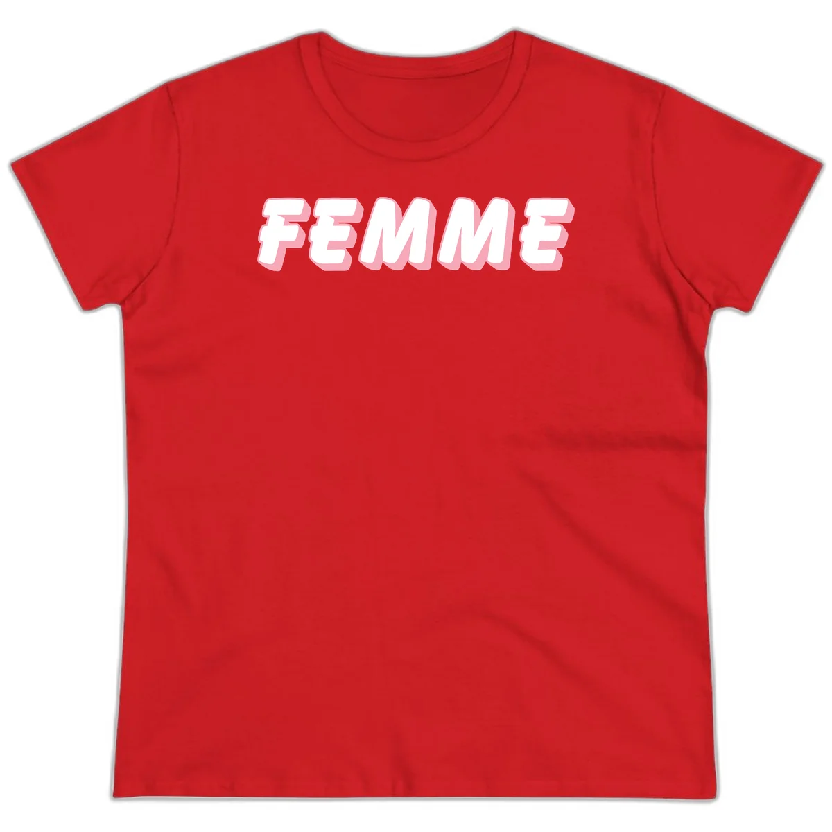 Bold 3D lettering spelling FEMME in white with pink dimensional shadowing on gray background in Red