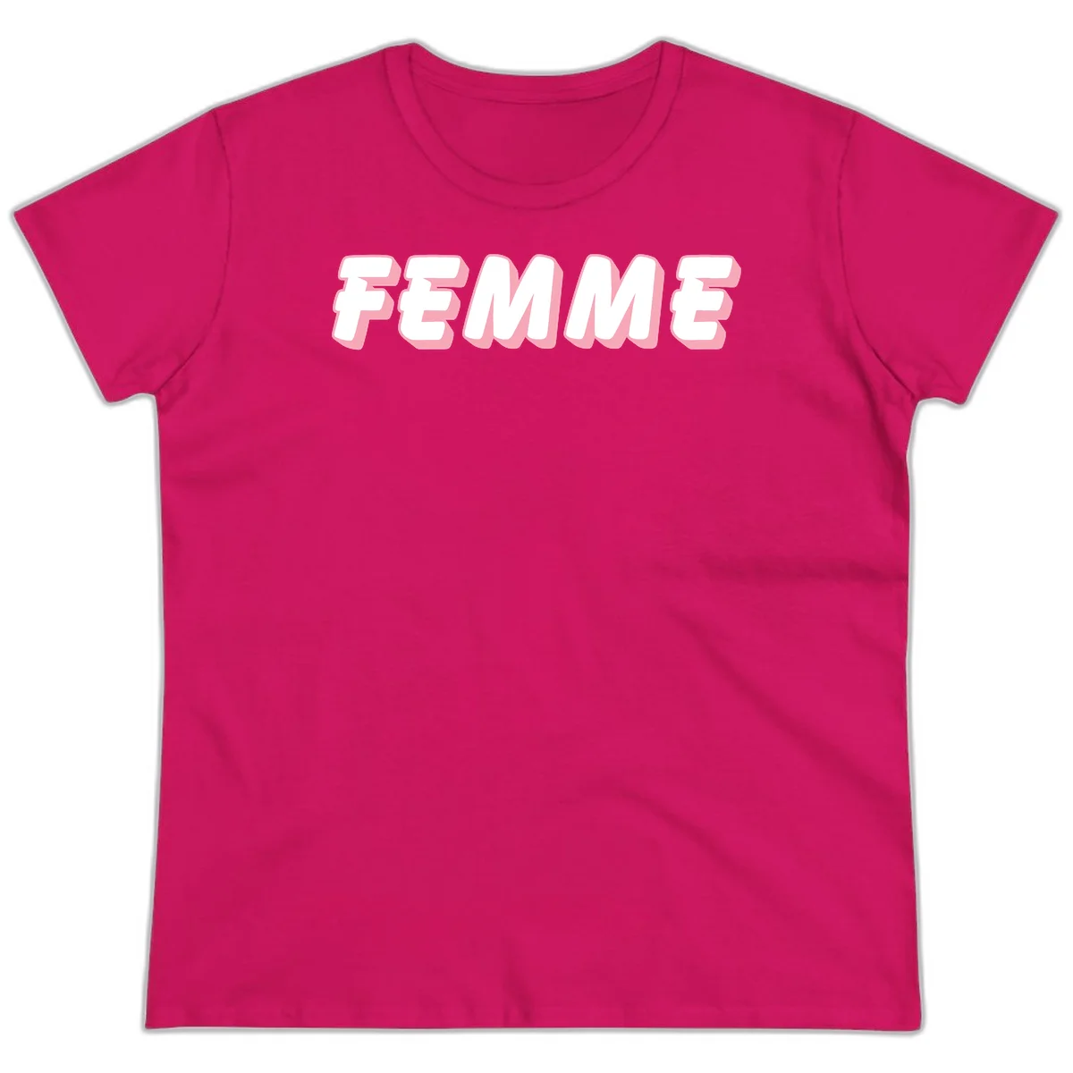Bold 3D lettering spelling FEMME in white with pink dimensional shadowing on gray background in Heliconia