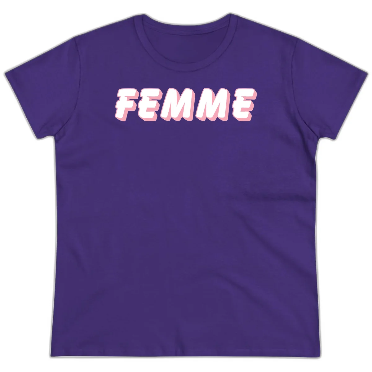 Bold 3D lettering spelling FEMME in white with pink dimensional shadowing on gray background in Purple