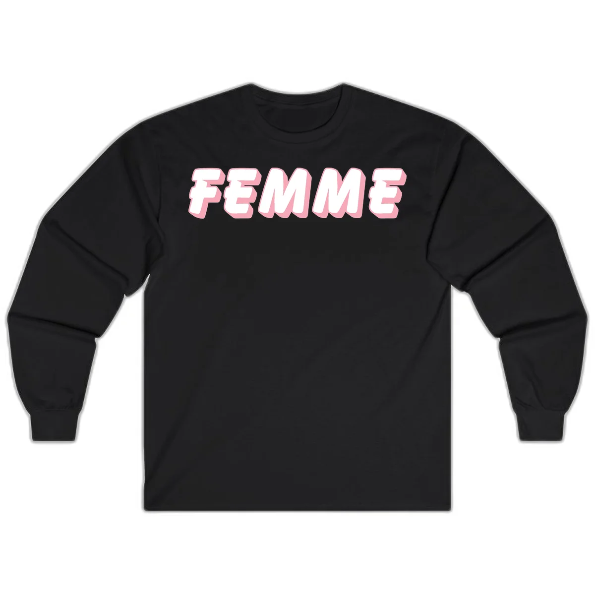 Bold 3D lettering spelling FEMME in white with pink dimensional shadowing on gray background in Black