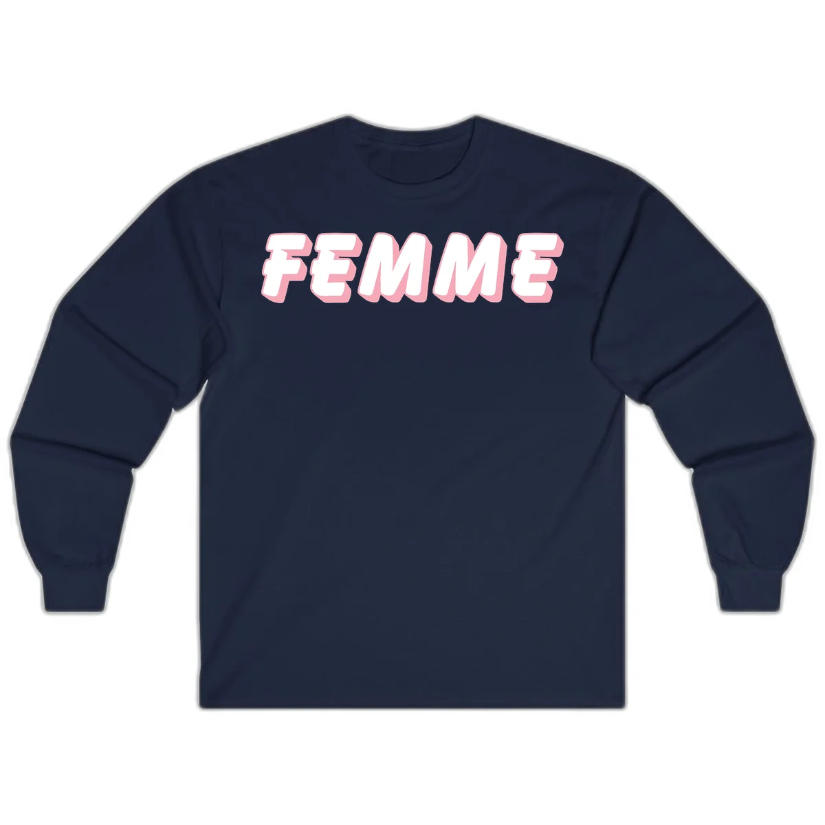 Bold 3D lettering spelling FEMME in white with pink dimensional shadowing on gray background in Navy