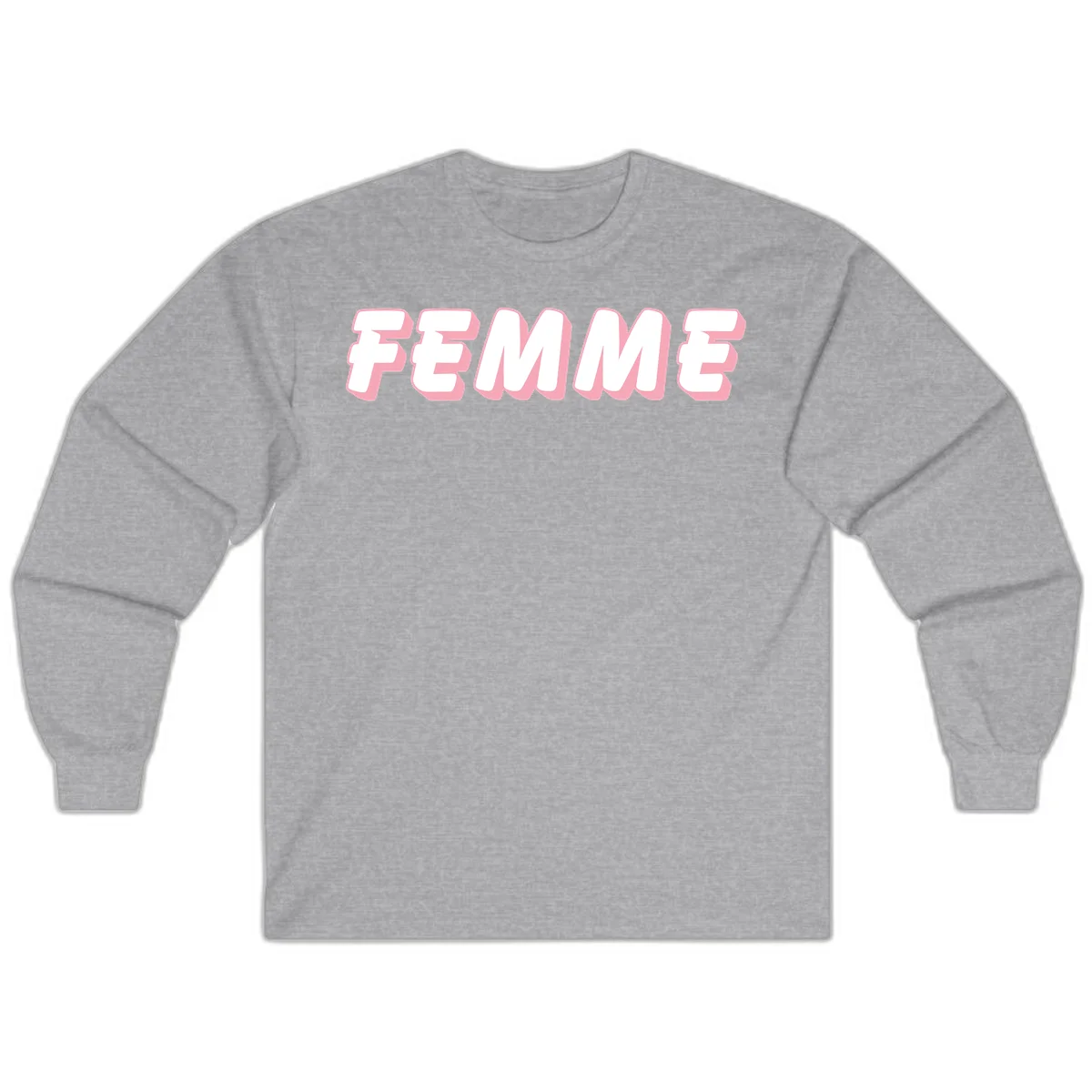 Bold 3D lettering spelling FEMME in white with pink dimensional shadowing on gray background in Sport Grey