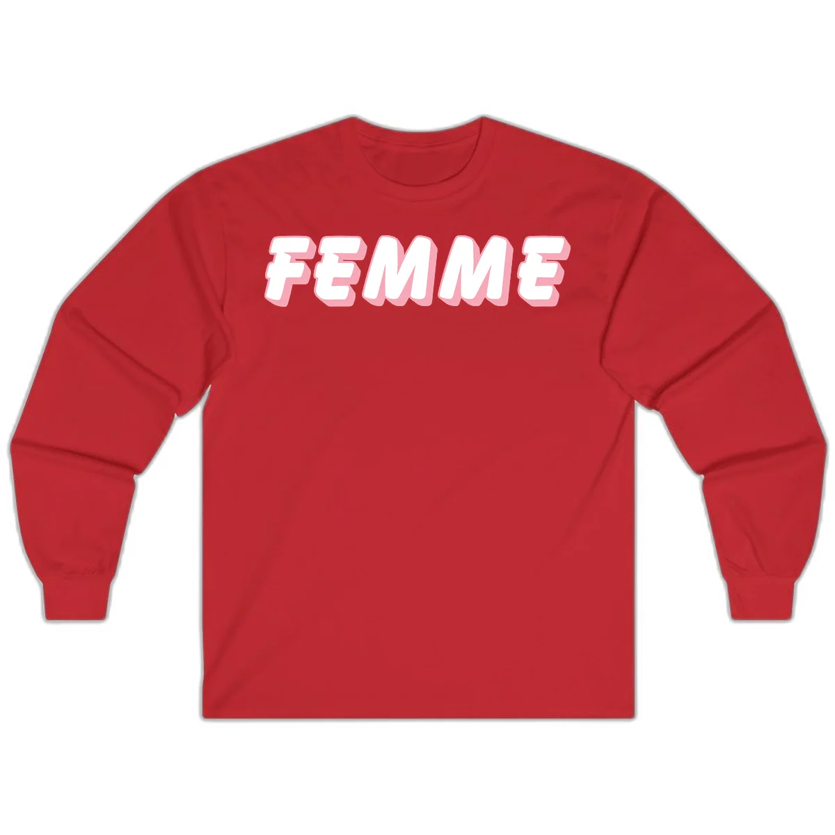 Bold 3D lettering spelling FEMME in white with pink dimensional shadowing on gray background in Red